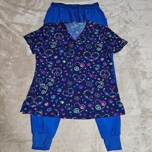 Womens Scrub Set Large Navy Peace Heart Paw Print Top Blue Joggers